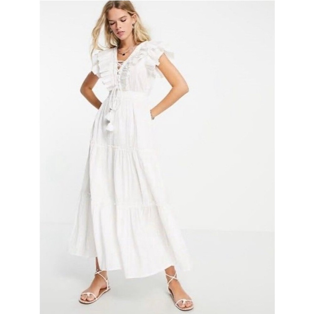 Topshop White Cotton Dobby Tiered Ruffle Lace Up Midi Dress Womens Size 4 US